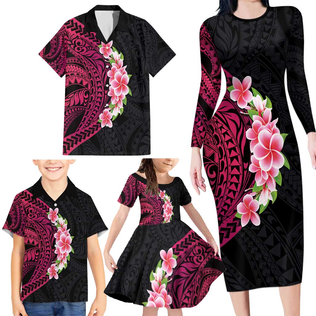 Hawaiian Tropical Plumeria Art Polynesian Tattoo Family Matching Long Sleeve Bodycon Dress and Hawaiian Shirt Black and Bright Pink Color