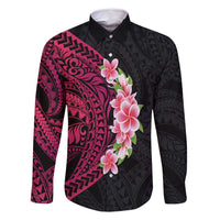 Hawaiian Tropical Plumeria Art Polynesian Tattoo Family Matching Long Sleeve Bodycon Dress and Hawaiian Shirt Black and Bright Pink Color