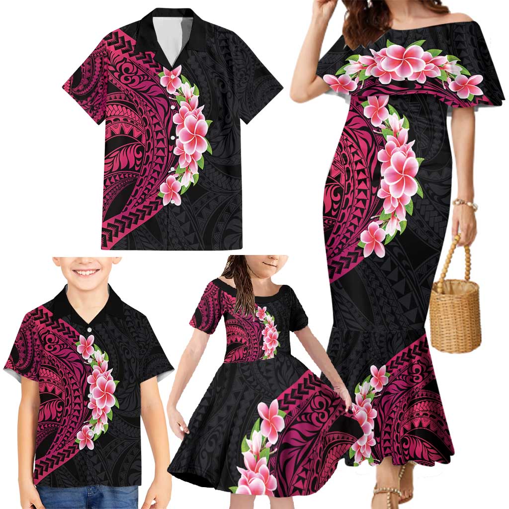 Hawaiian Tropical Plumeria Art Polynesian Tattoo Family Matching Mermaid Dress and Hawaiian Shirt Black and Bright Pink Color LT03 - Polynesian Pride