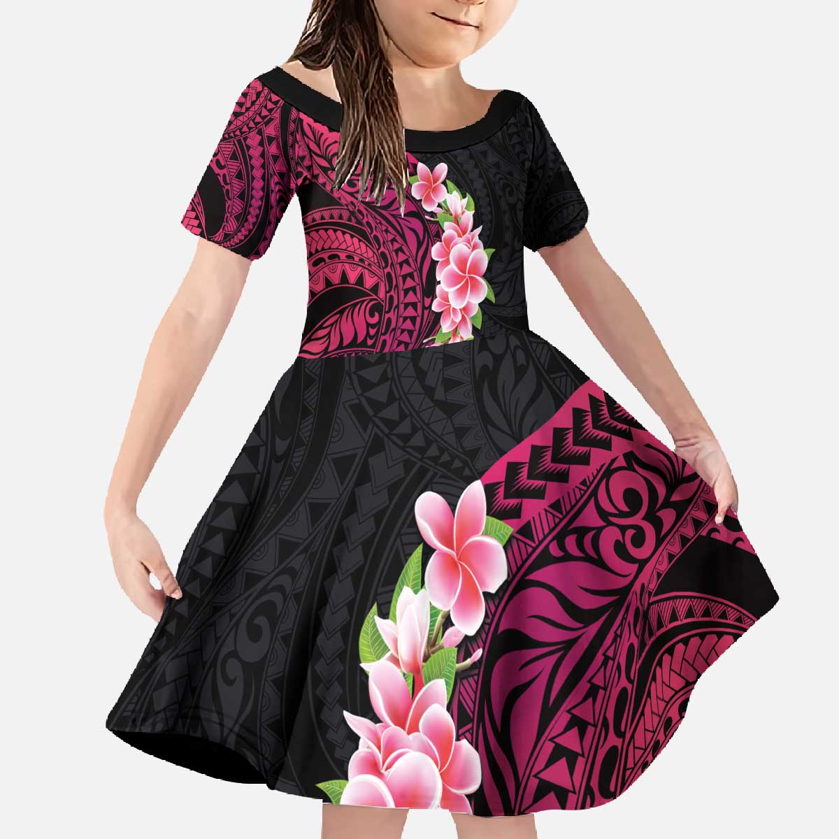 Hawaiian Tropical Plumeria Art Polynesian Tattoo Family Matching Off The Shoulder Long Sleeve Dress and Hawaiian Shirt Black and Bright Pink Color