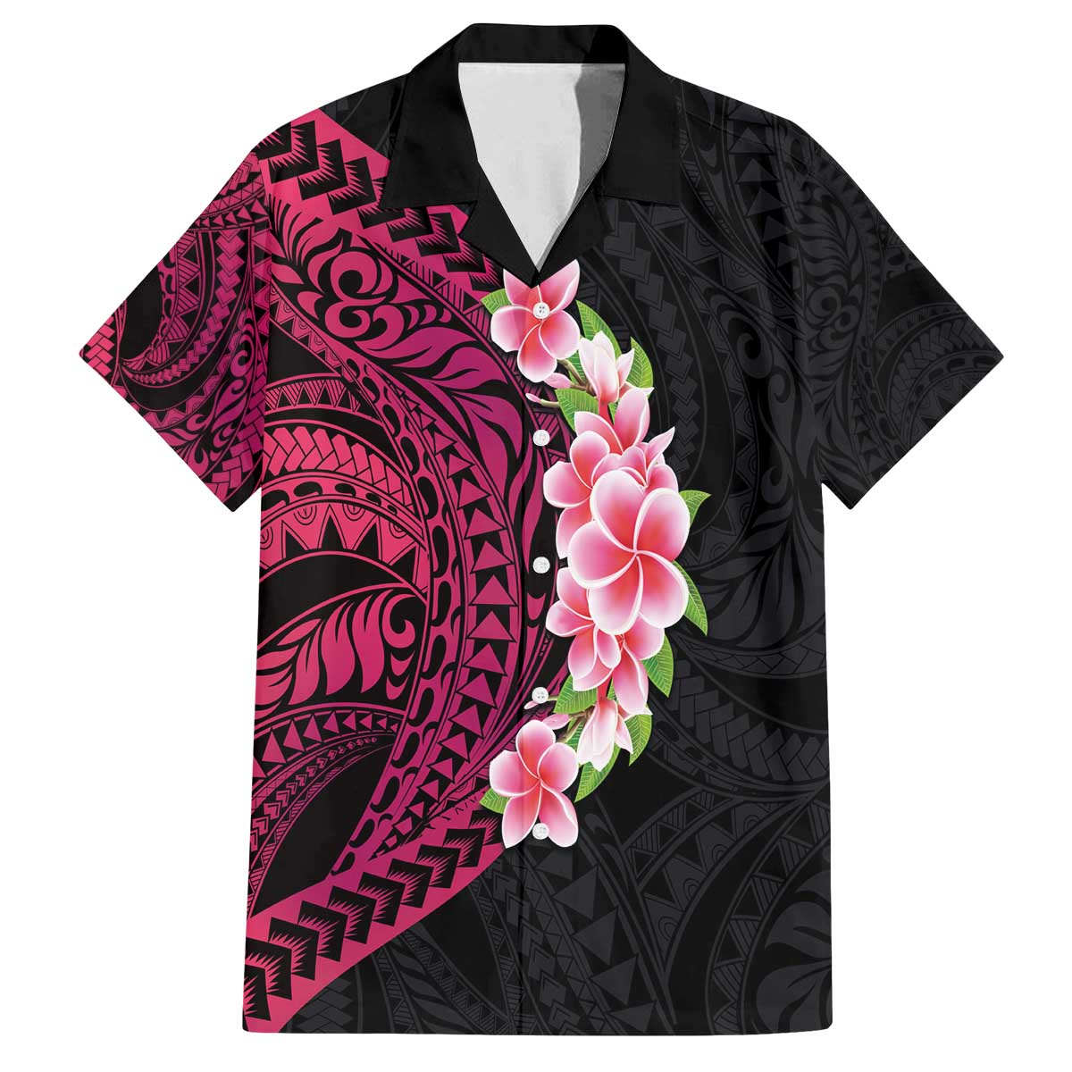 Hawaiian Tropical Plumeria Art Polynesian Tattoo Family Matching Off The Shoulder Long Sleeve Dress and Hawaiian Shirt Black and Bright Pink Color