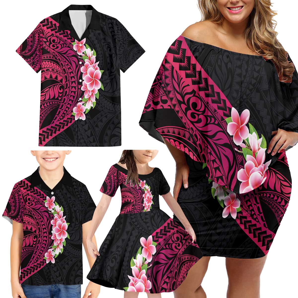 Hawaiian Tropical Plumeria Art Polynesian Tattoo Family Matching Off Shoulder Short Dress and Hawaiian Shirt Black and Bright Pink Color