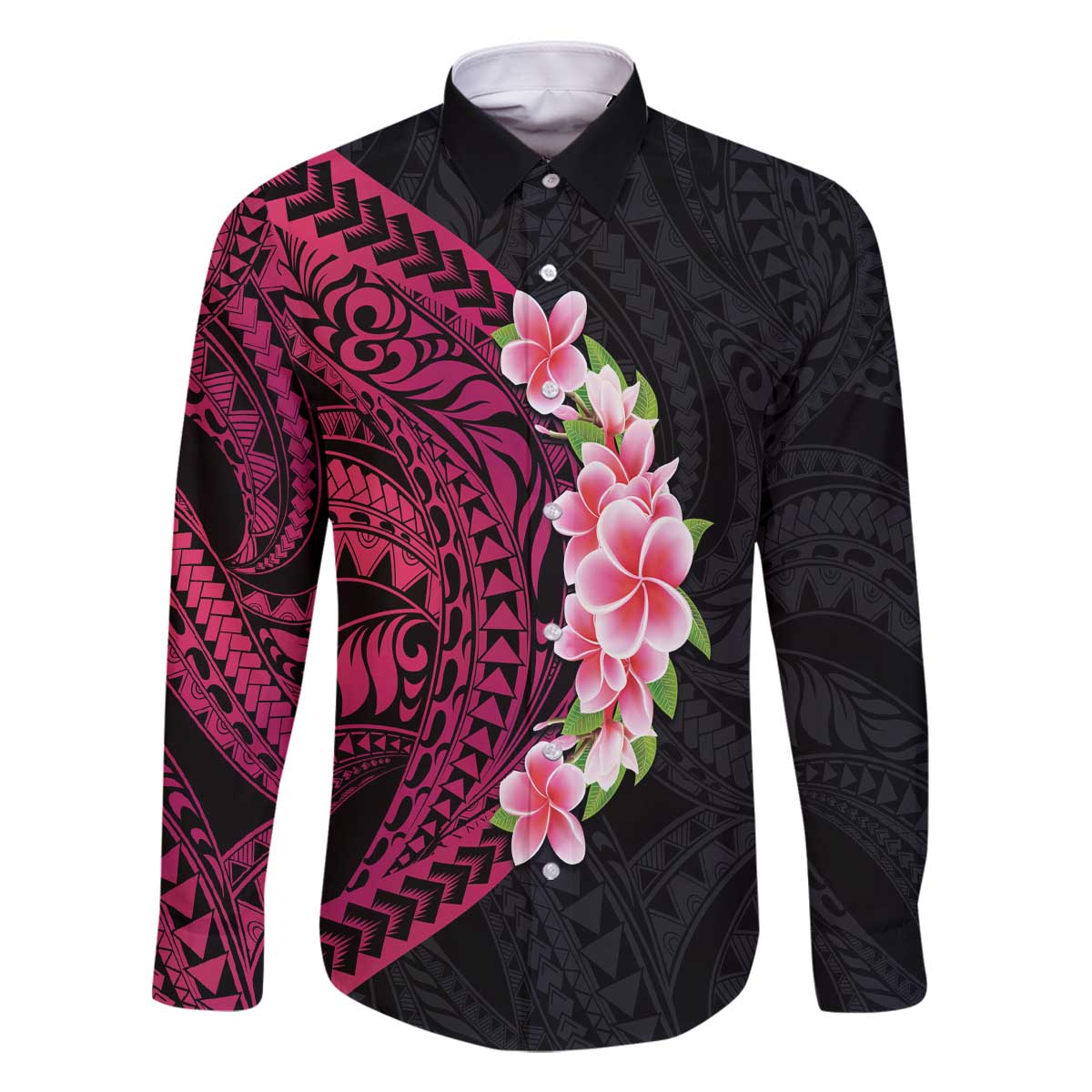 Hawaiian Tropical Plumeria Art Polynesian Tattoo Family Matching Off Shoulder Short Dress and Hawaiian Shirt Black and Bright Pink Color