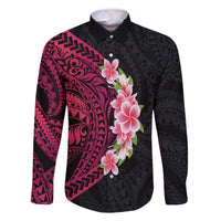Hawaiian Tropical Plumeria Art Polynesian Tattoo Family Matching Off Shoulder Short Dress and Hawaiian Shirt Black and Bright Pink Color