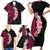 Hawaiian Tropical Plumeria Art Polynesian Tattoo Family Matching Short Sleeve Bodycon Dress and Hawaiian Shirt Black and Bright Pink Color