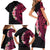 Hawaiian Tropical Plumeria Art Polynesian Tattoo Family Matching Short Sleeve Bodycon Dress and Hawaiian Shirt Black and Bright Pink Color