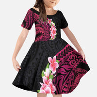 Hawaiian Tropical Plumeria Art Polynesian Tattoo Family Matching Summer Maxi Dress and Hawaiian Shirt Black and Bright Pink Color