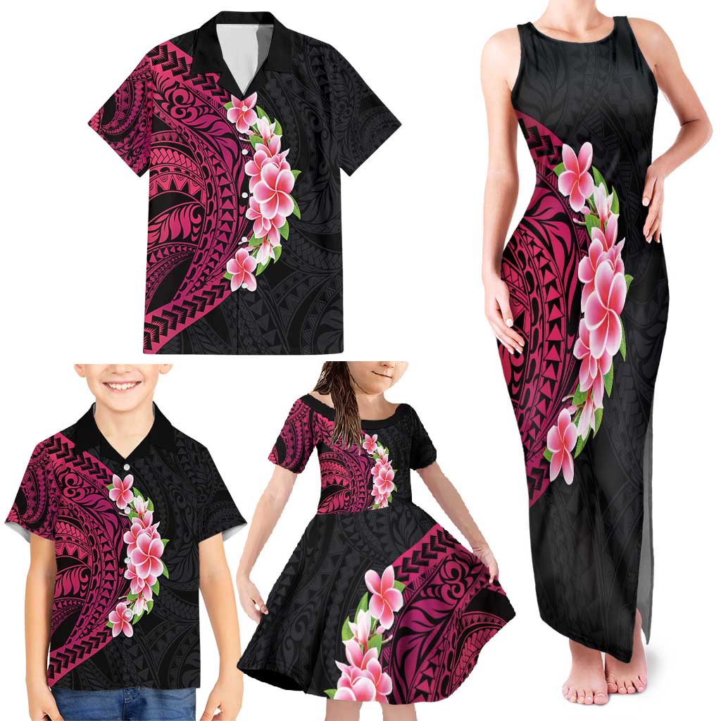 Hawaiian Tropical Plumeria Art Polynesian Tattoo Family Matching Tank Maxi Dress and Hawaiian Shirt Black and Bright Pink Color