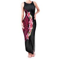 Hawaiian Tropical Plumeria Art Polynesian Tattoo Family Matching Tank Maxi Dress and Hawaiian Shirt Black and Bright Pink Color