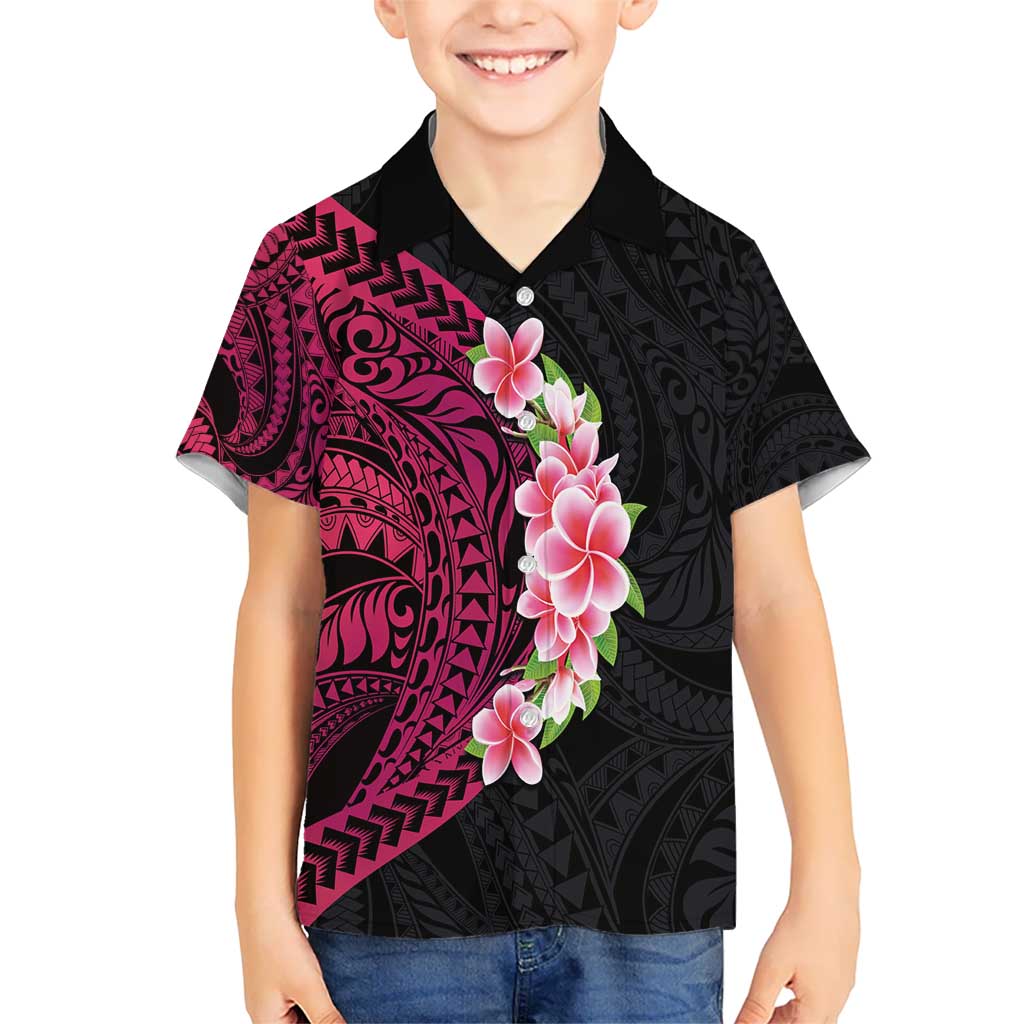 Hawaiian Tropical Plumeria Art Polynesian Tattoo Kid Hawaiian Shirt Black and Bright Pink Color