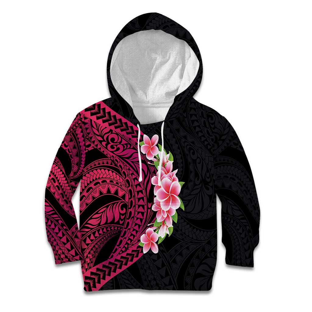 Hawaiian Tropical Plumeria Art Polynesian Tattoo Kid Hoodie Black and Bright Pink Color