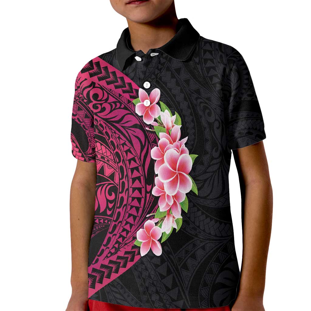 Hawaiian Tropical Plumeria Art Polynesian Tattoo Kid Polo Shirt Black and Bright Pink Color