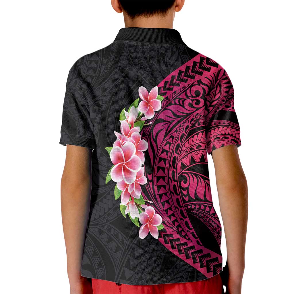 Hawaiian Tropical Plumeria Art Polynesian Tattoo Kid Polo Shirt Black and Bright Pink Color