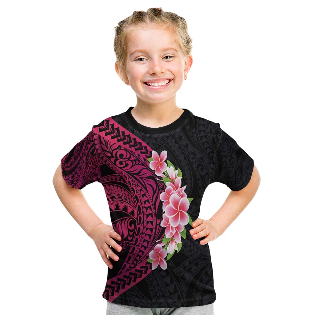 Hawaiian Tropical Plumeria Art Polynesian Tattoo Kid T Shirt Black and Bright Pink Color