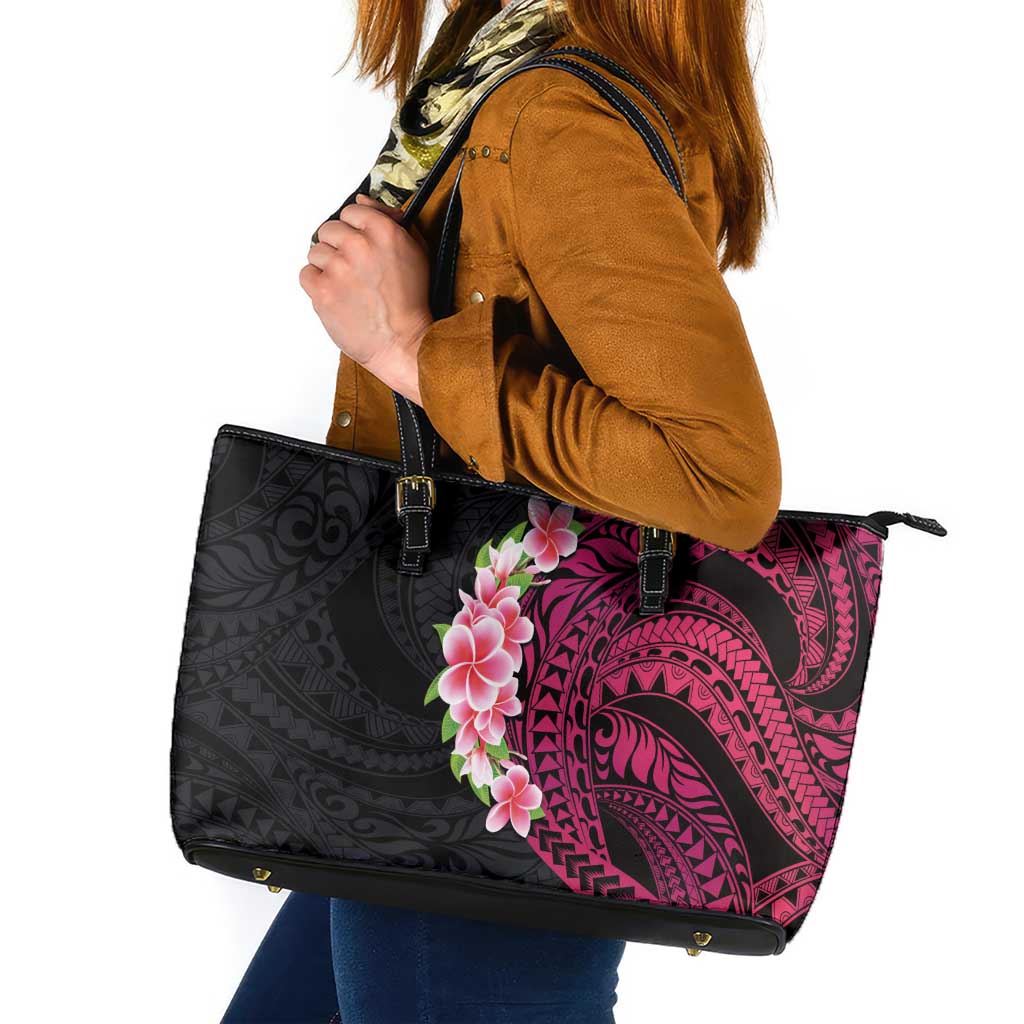 Hawaiian Tropical Plumeria Art Polynesian Tattoo Leather Tote Bag Black and Bright Pink Color