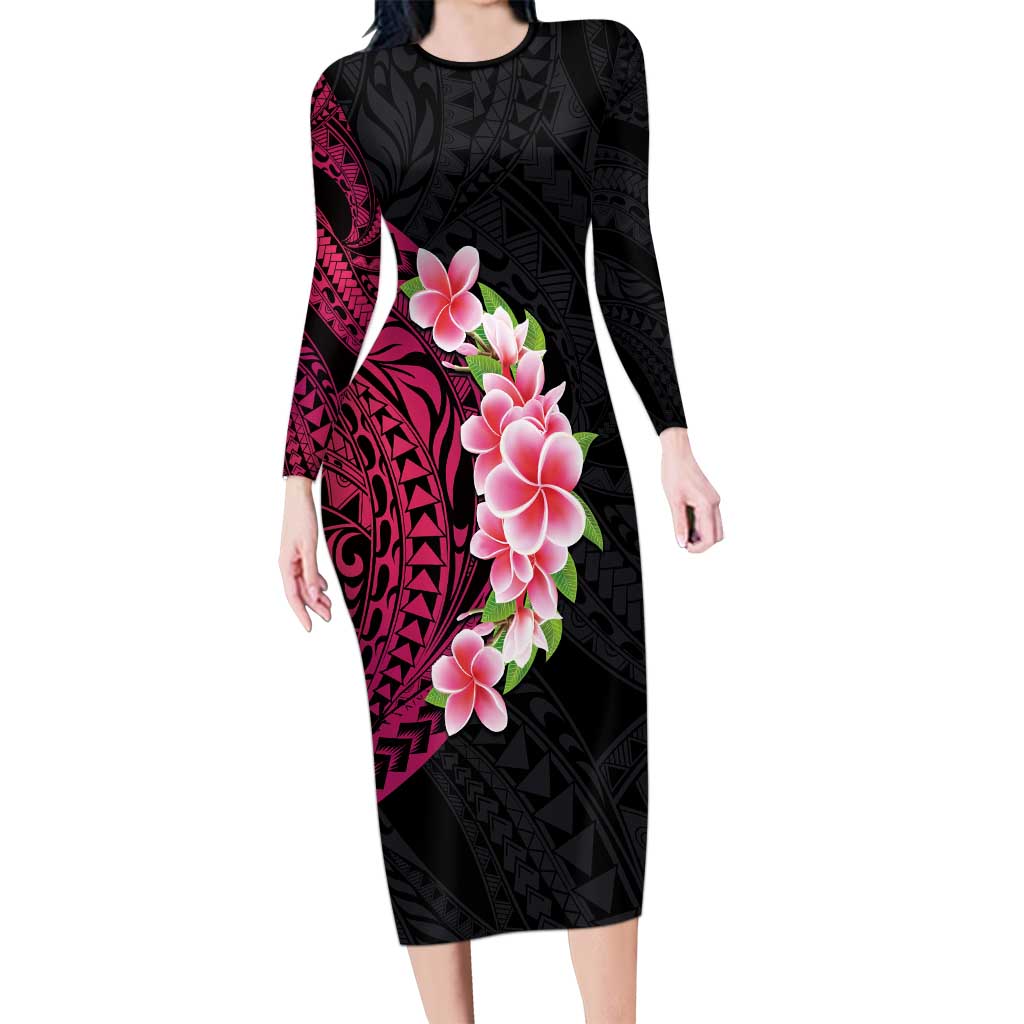 Hawaiian Tropical Plumeria Art Polynesian Tattoo Long Sleeve Bodycon Dress Black and Bright Pink Color