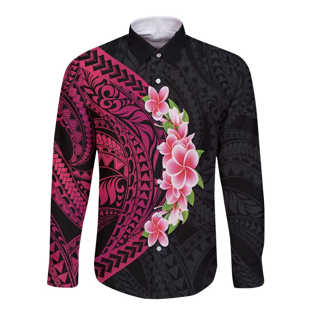 Hawaiian Tropical Plumeria Art Polynesian Tattoo Long Sleeve Button Shirt Black and Bright Pink Color