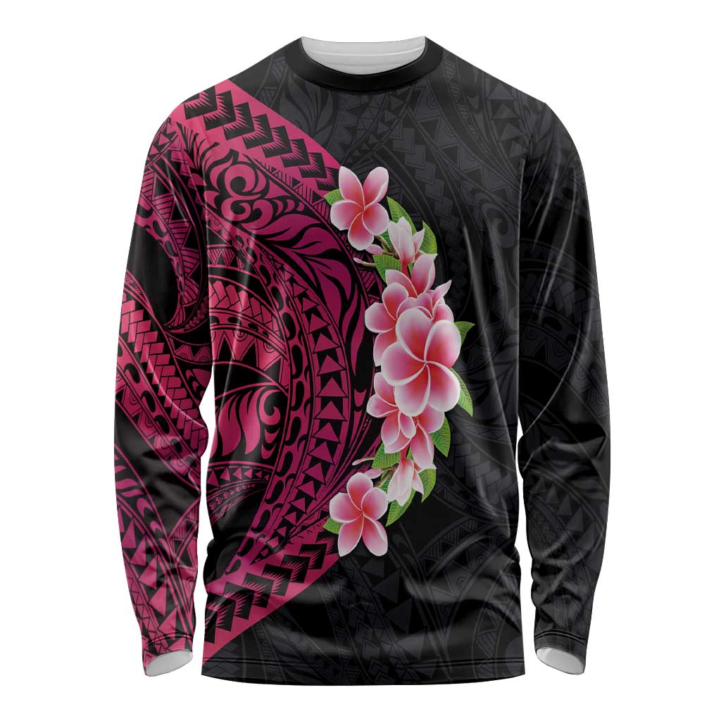 Hawaiian Tropical Plumeria Art Polynesian Tattoo Long Sleeve Shirt Black and Bright Pink Color