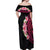 Hawaiian Tropical Plumeria Art Polynesian Tattoo Off Shoulder Maxi Dress Black and Bright Pink Color