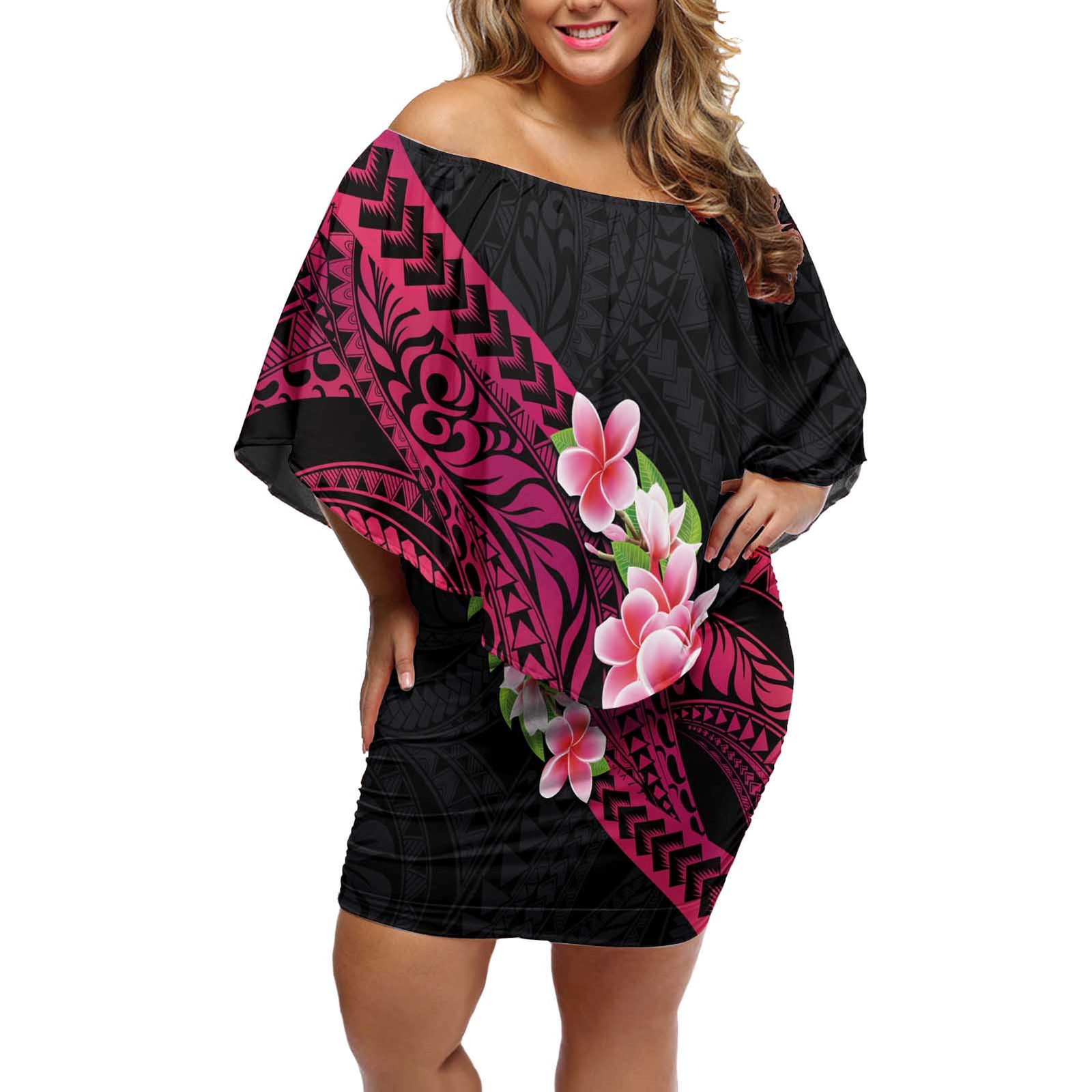 Hawaiian Tropical Plumeria Art Polynesian Tattoo Off Shoulder Short Dress Black and Bright Pink Color LT03 Women Pink - Polynesian Pride