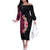 Hawaiian Tropical Plumeria Art Polynesian Tattoo Off The Shoulder Long Sleeve Dress Black and Bright Pink Color