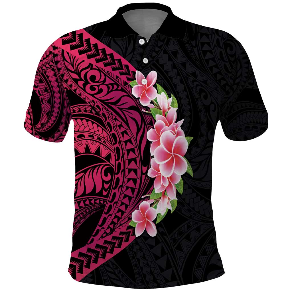 Hawaiian Tropical Plumeria Art Polynesian Tattoo Polo Shirt Black and Bright Pink Color