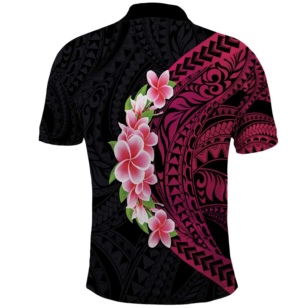 Hawaiian Tropical Plumeria Art Polynesian Tattoo Polo Shirt Black and Bright Pink Color