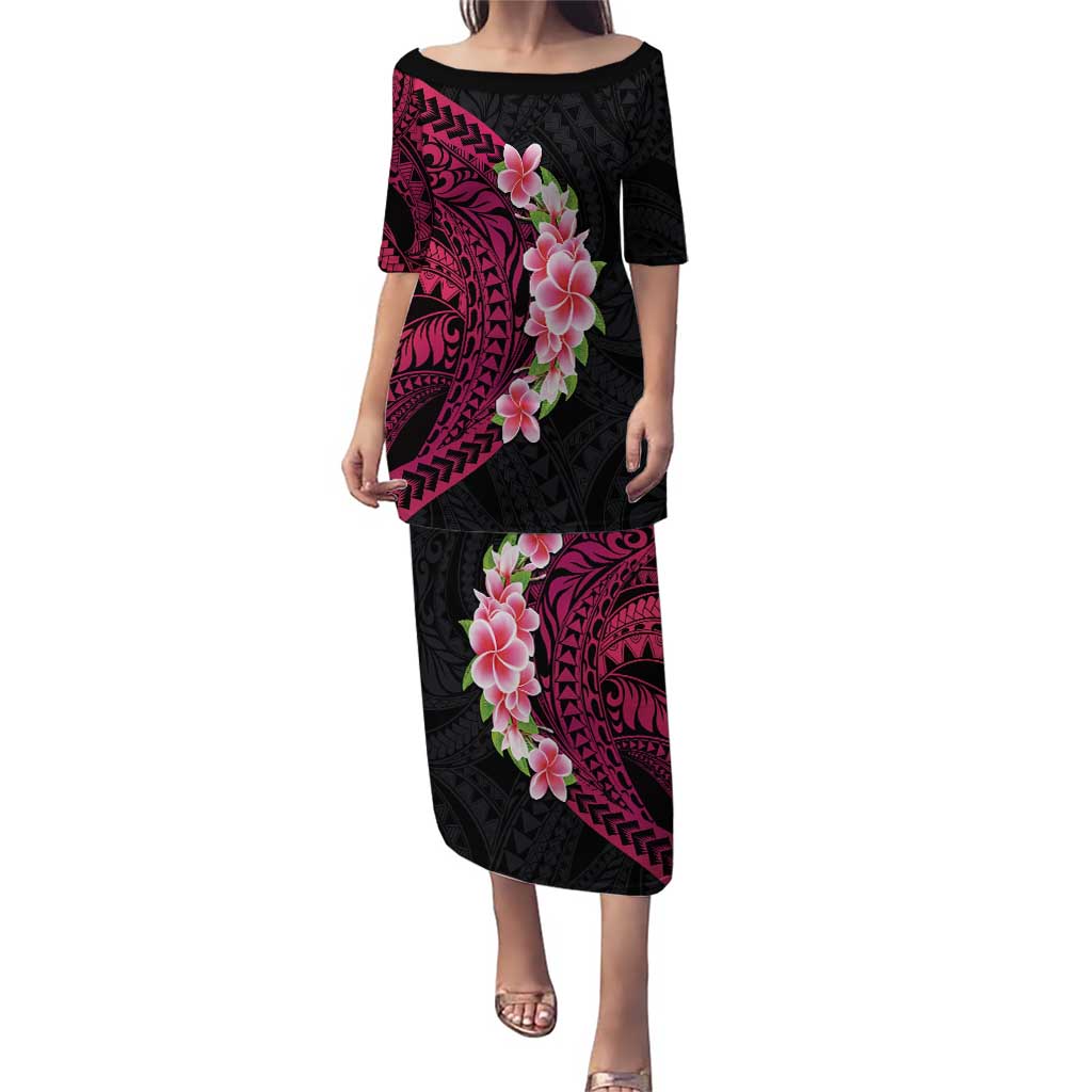 Hawaiian Tropical Plumeria Art Polynesian Tattoo Puletasi Black and Bright Pink Color LT03 Long Dress Pink - Polynesian Pride