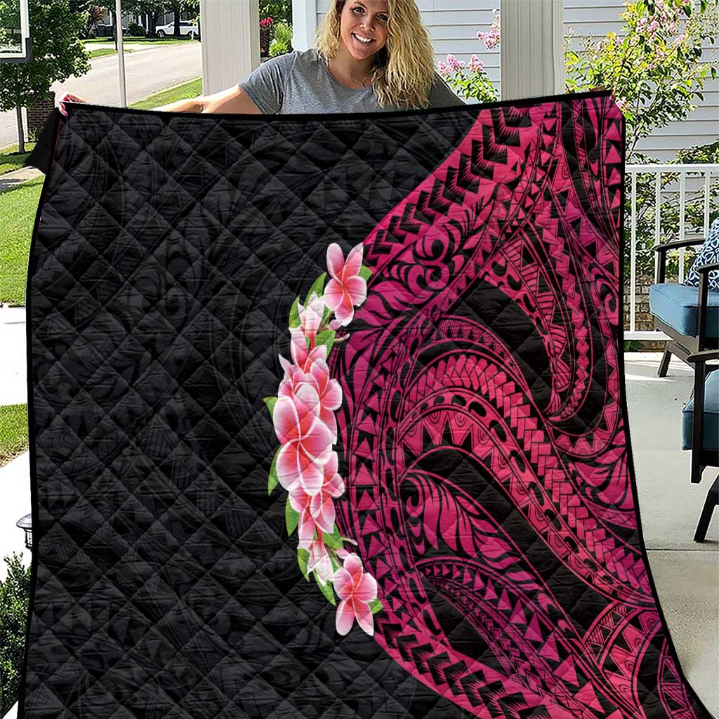 Hawaiian Tropical Plumeria Art Polynesian Tattoo Quilt Black and Bright Pink Color