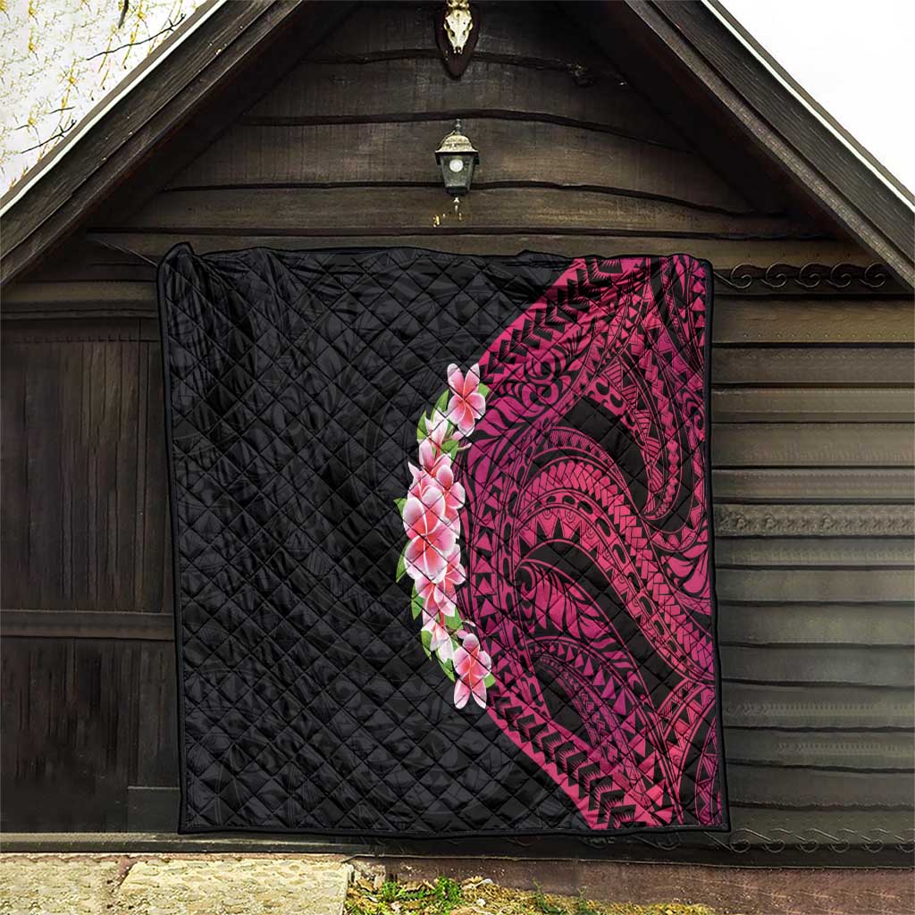 Hawaiian Tropical Plumeria Art Polynesian Tattoo Quilt Black and Bright Pink Color