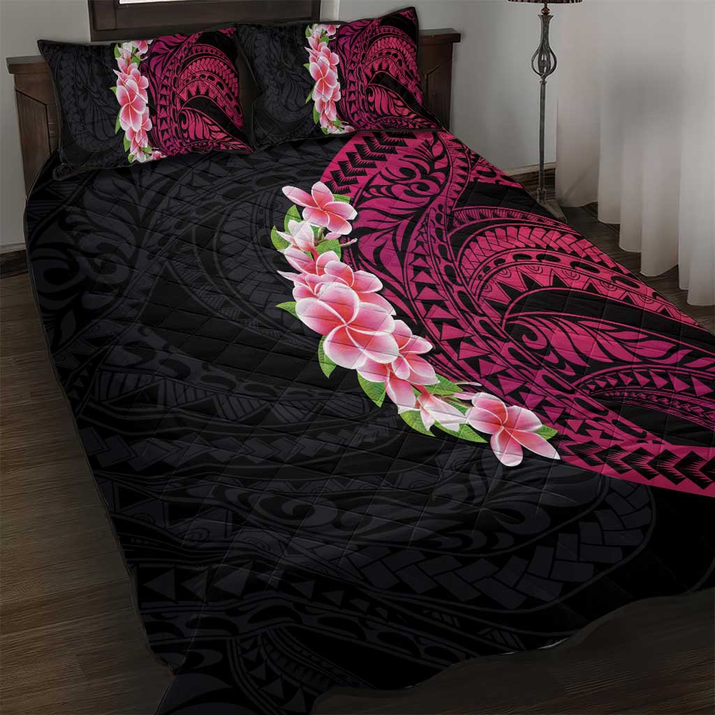 Hawaiian Tropical Plumeria Art Polynesian Tattoo Quilt Bed Set Black and Bright Pink Color