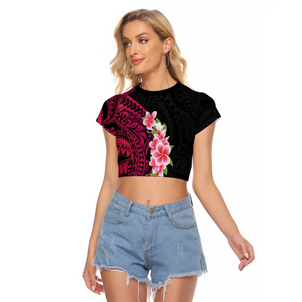 Hawaiian Tropical Plumeria Art Polynesian Tattoo Raglan Cropped T Shirt Black and Bright Pink Color