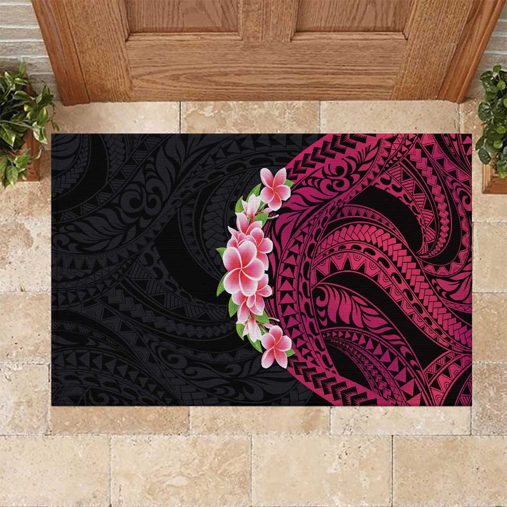 Hawaiian Tropical Plumeria Art Polynesian Tattoo Rubber Doormat Black and Bright Pink Color