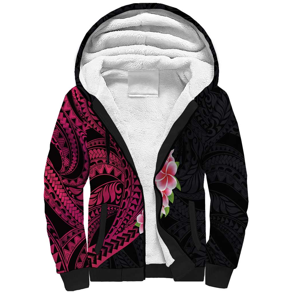 Hawaiian Tropical Plumeria Art Polynesian Tattoo Sherpa Hoodie Black and Bright Pink Color