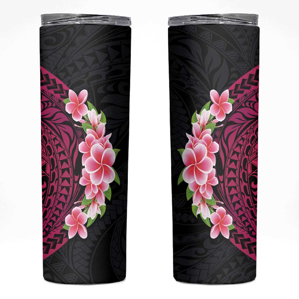 Hawaiian Tropical Plumeria Art Polynesian Tattoo Skinny Tumbler Black and Bright Pink Color