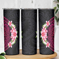 Hawaiian Tropical Plumeria Art Polynesian Tattoo Skinny Tumbler Black and Bright Pink Color