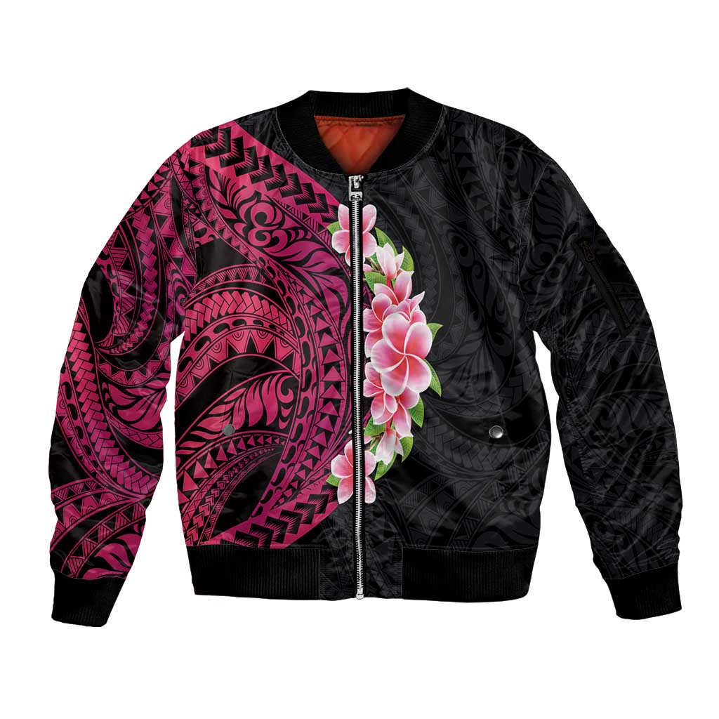 Hawaiian Tropical Plumeria Art Polynesian Tattoo Sleeve Zip Bomber Jacket Black and Bright Pink Color