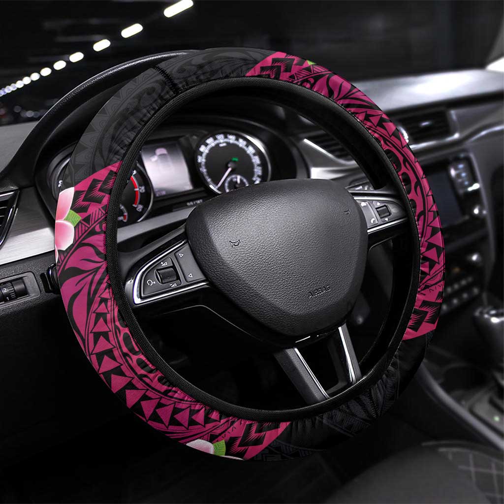 Hawaiian Tropical Plumeria Art Polynesian Tattoo Steering Wheel Cover Black and Bright Pink Color