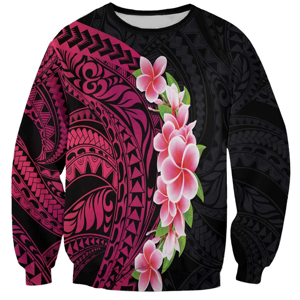 Hawaiian Tropical Plumeria Art Polynesian Tattoo Sweatshirt Black and Bright Pink Color