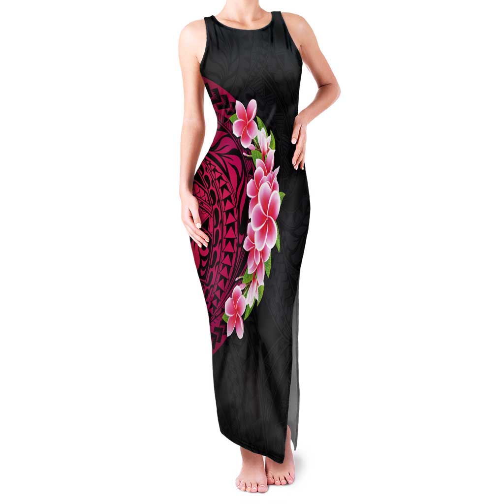 Hawaiian Tropical Plumeria Art Polynesian Tattoo Tank Maxi Dress Black and Bright Pink Color