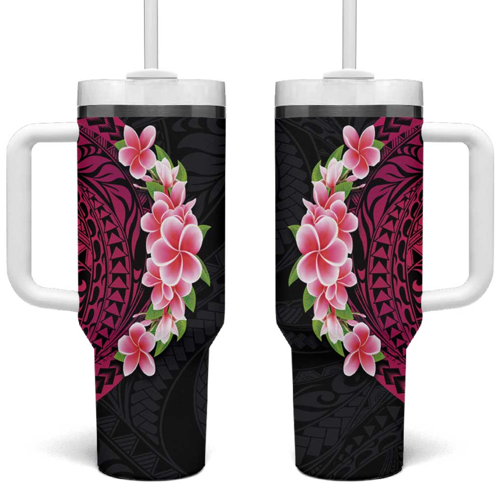 Hawaiian Tropical Plumeria Art Polynesian Tattoo Tumbler With Handle Black and Bright Pink Color