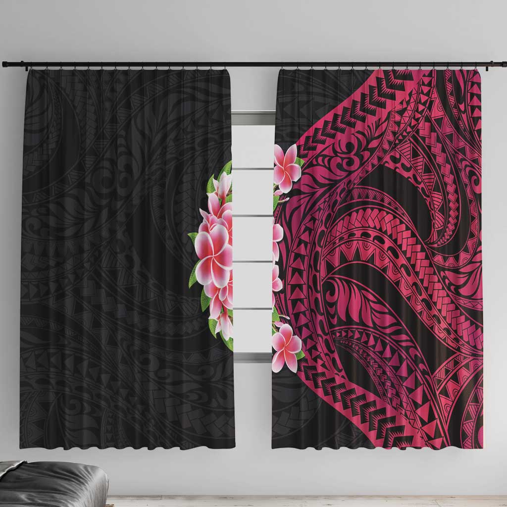 Hawaiian Tropical Plumeria Art Polynesian Tattoo Window Curtain Black and Bright Pink Color LT03 With Hooks Pink - Polynesian Pride