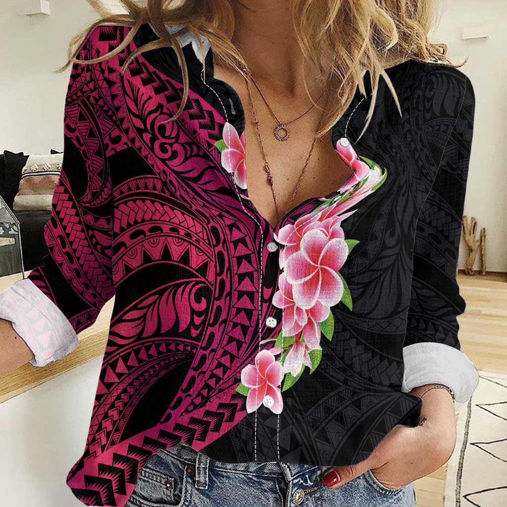 Hawaiian Tropical Plumeria Art Polynesian Tattoo Women Casual Shirt Black and Bright Pink Color