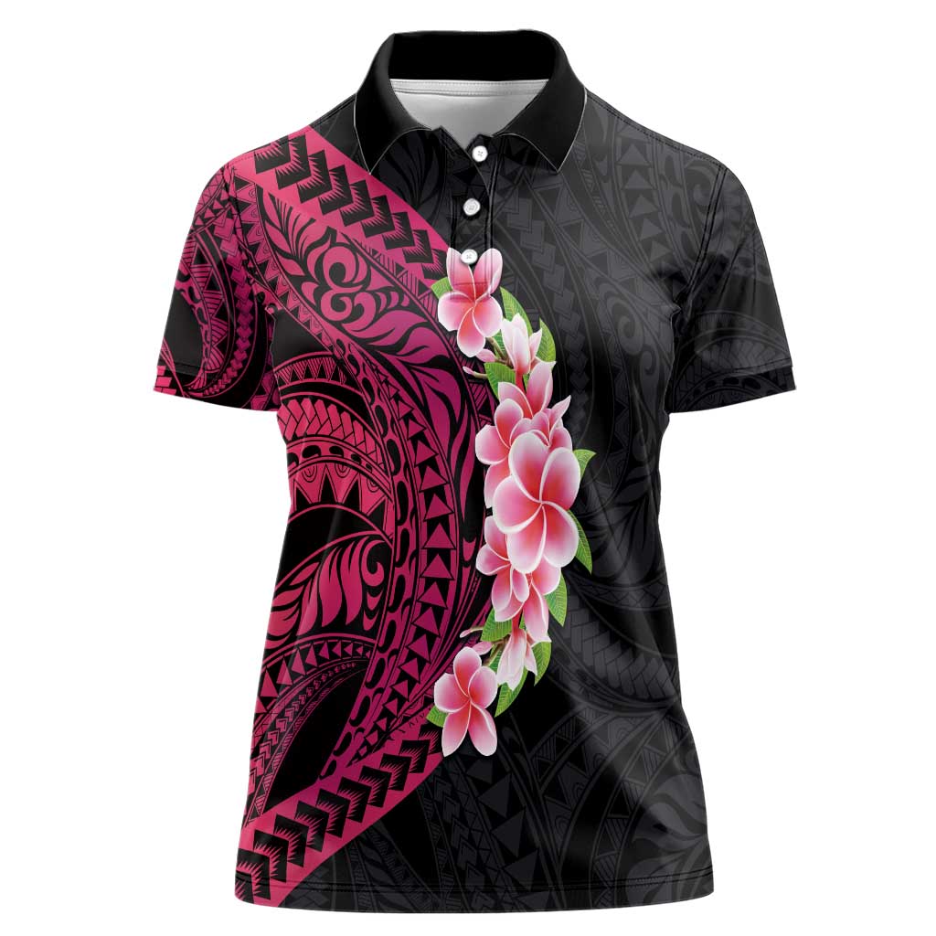 Hawaiian Tropical Plumeria Art Polynesian Tattoo Women Polo Shirt Black and Bright Pink Color