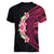 Hawaiian Tropical Plumeria Art Polynesian Tattoo Women V-Neck T-Shirt Black and Bright Pink Color