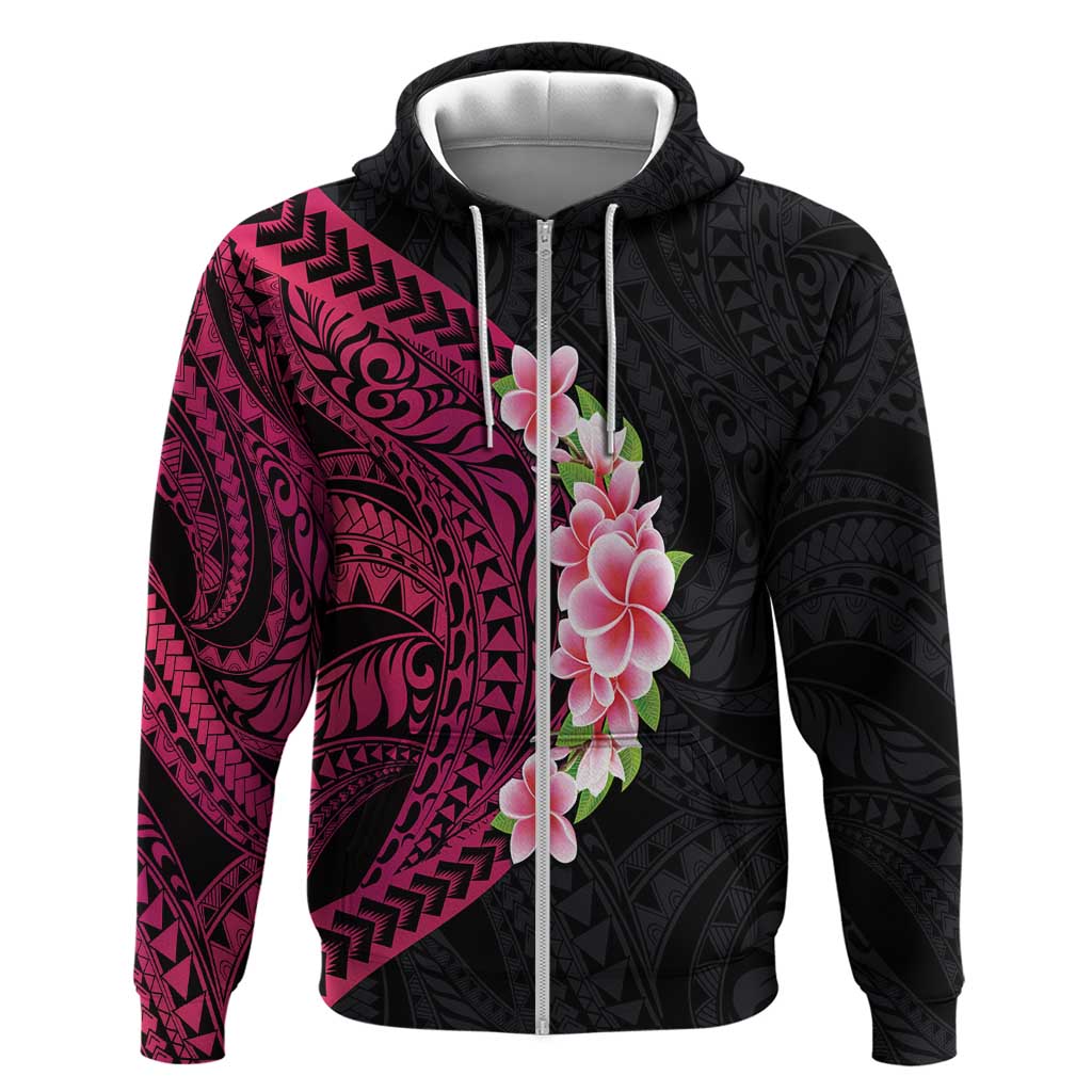 Hawaiian Tropical Plumeria Art Polynesian Tattoo Zip Hoodie Black and Bright Pink Color