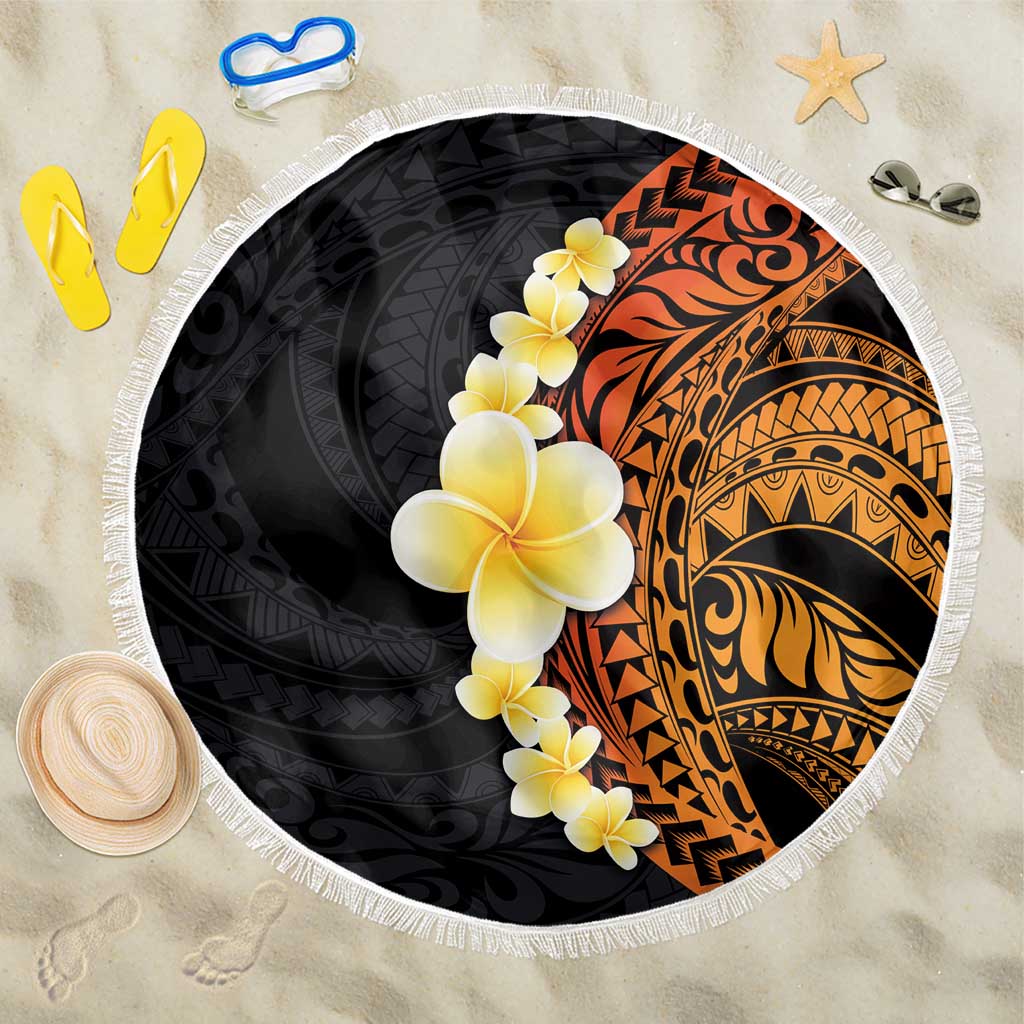 Hawaiian Tropical Plumeria Art Polynesian Tattoo Beach Blanket Black and Autumn Color Theme LT03 One Size 150cm Orange - Polynesian Pride