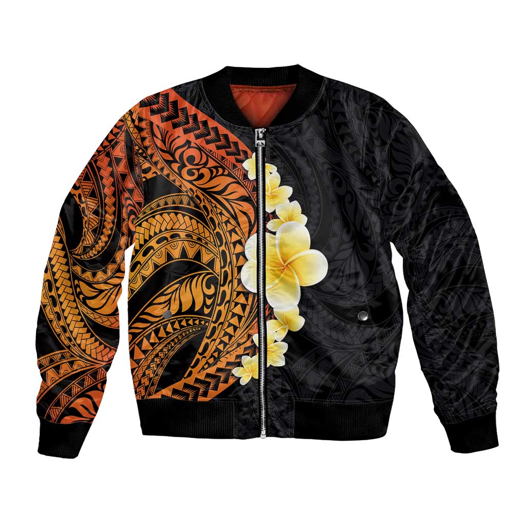 Hawaiian Tropical Plumeria Art Polynesian Tattoo Bomber Jacket Black and Autumn Color Theme