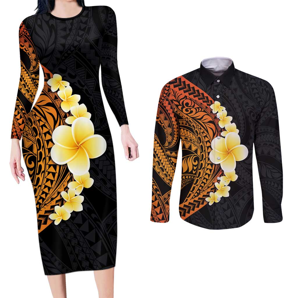 Hawaiian Tropical Plumeria Art Polynesian Tattoo Couples Matching Long Sleeve Bodycon Dress and Long Sleeve Button Shirt Black and Autumn Color Theme