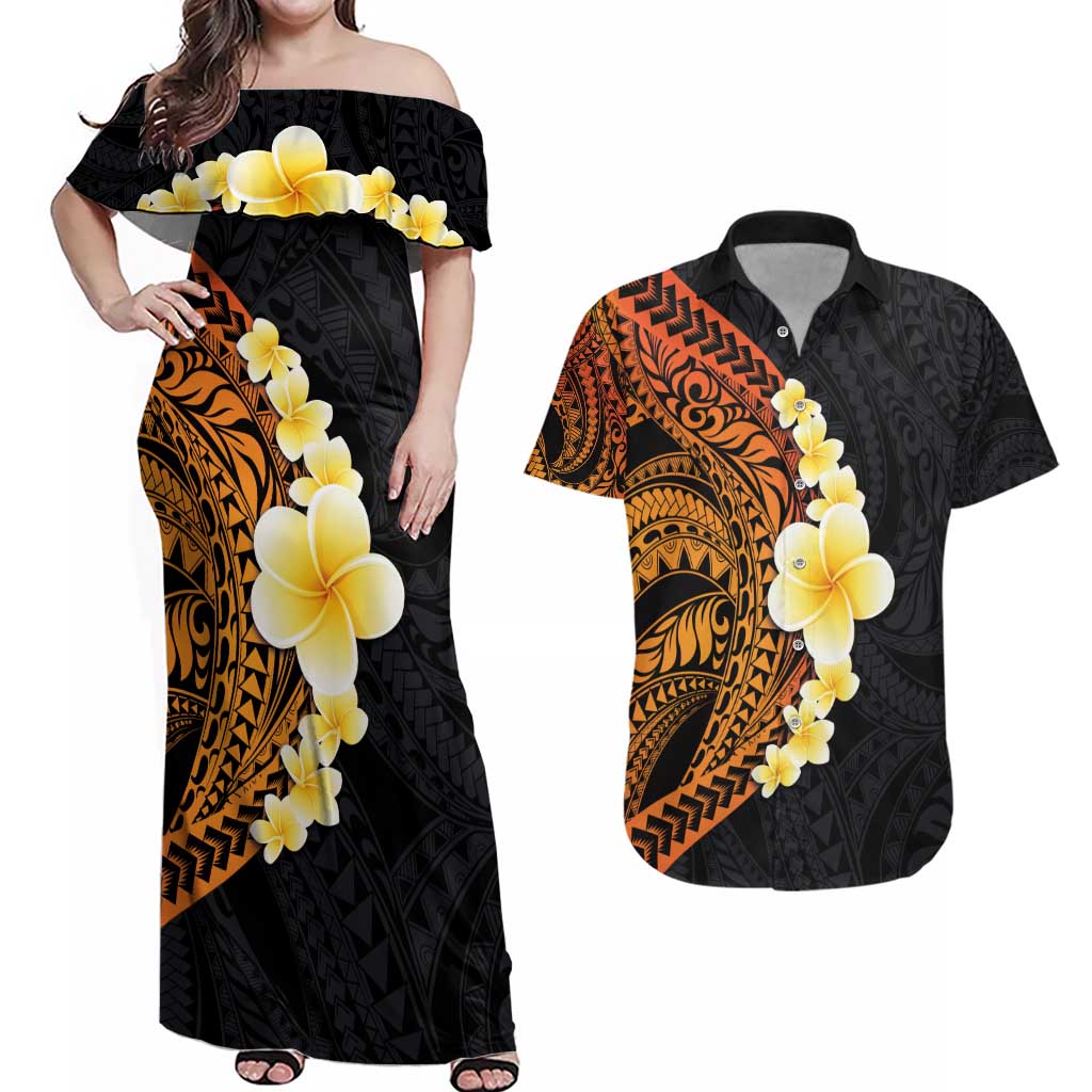 Hawaiian Tropical Plumeria Art Polynesian Tattoo Couples Matching Off Shoulder Maxi Dress and Hawaiian Shirt Black and Autumn Color Theme